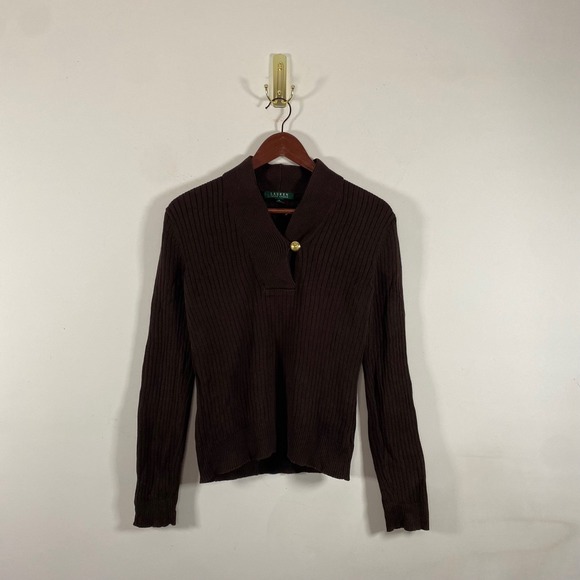 Lauren Ralph Lauren Sweaters - Lauren Ralph Lauren Chocolate Brown  Ribbed Sweater Shawl Collar Gold Button Med